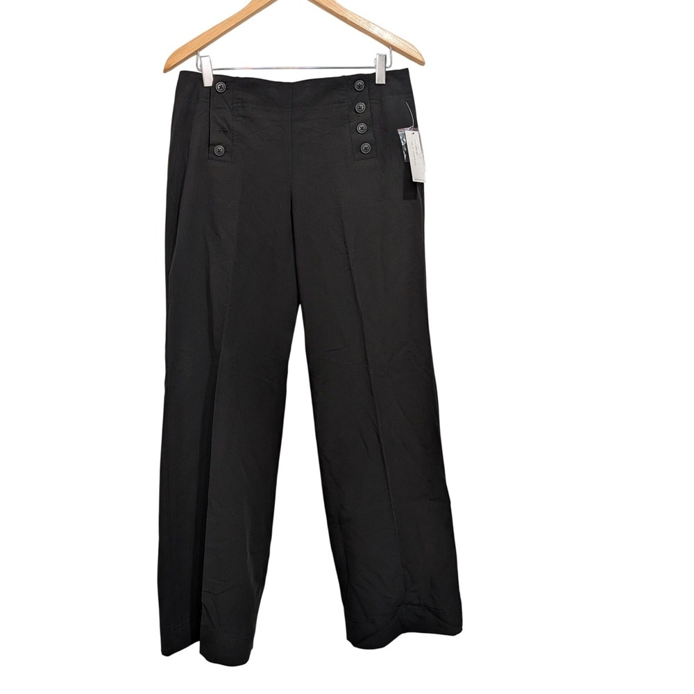NWT Larry Levine Sailor Wide Leg Pants Black Stretch Button Front - 10P